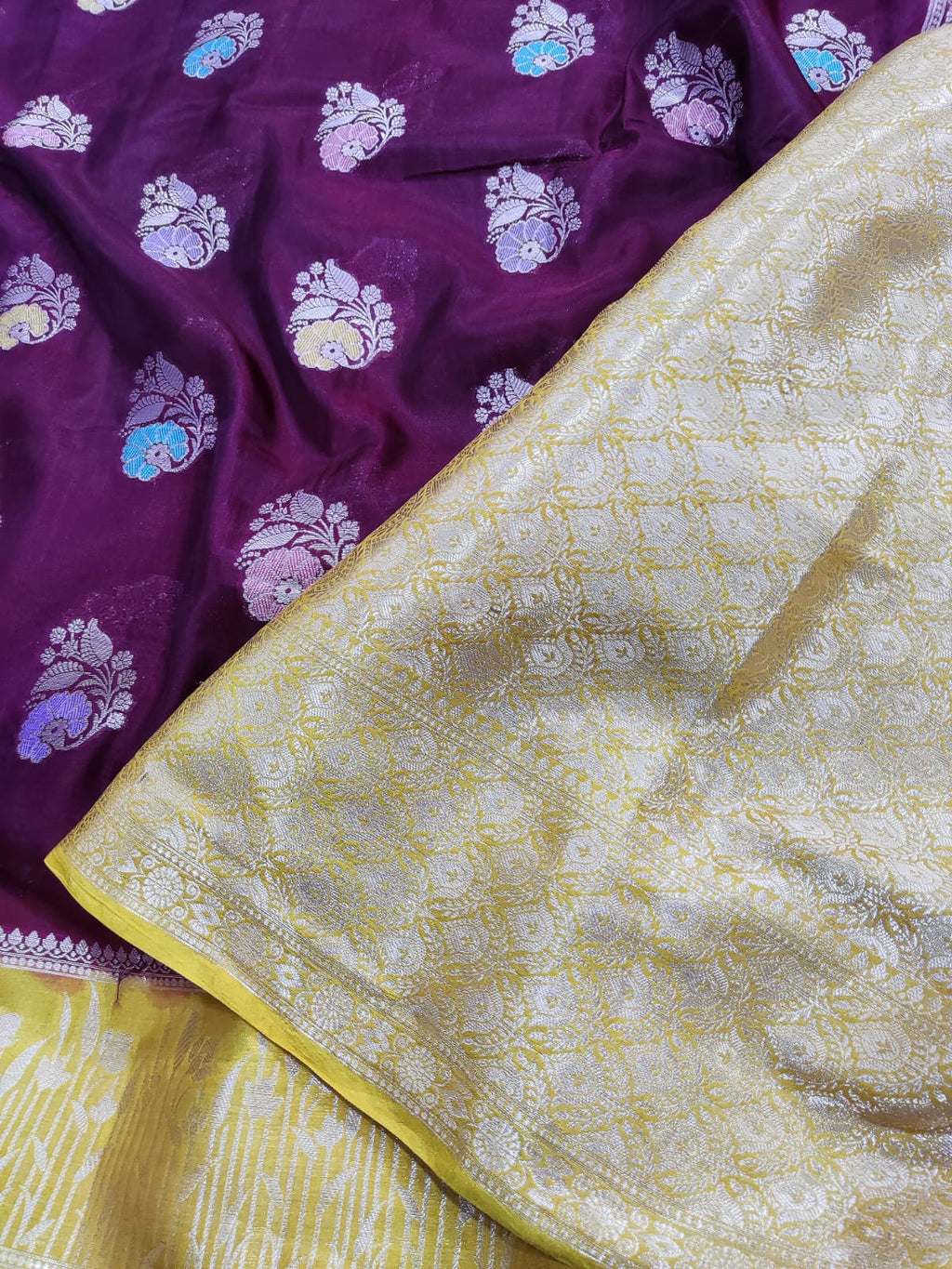 Contrast Light Weight Katan Silk Mina Buti Design Saree