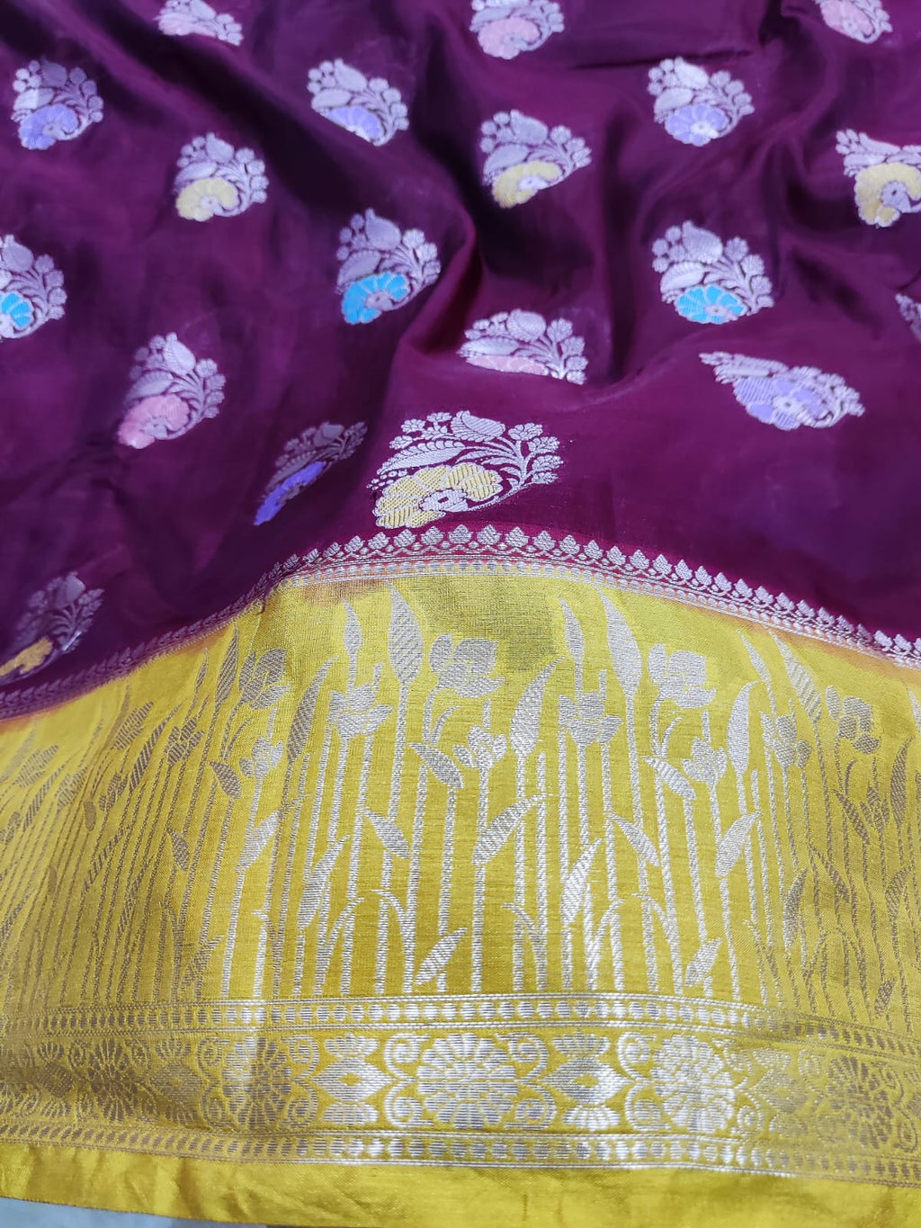 Contrast Light Weight Katan Silk Mina Buti Design Saree