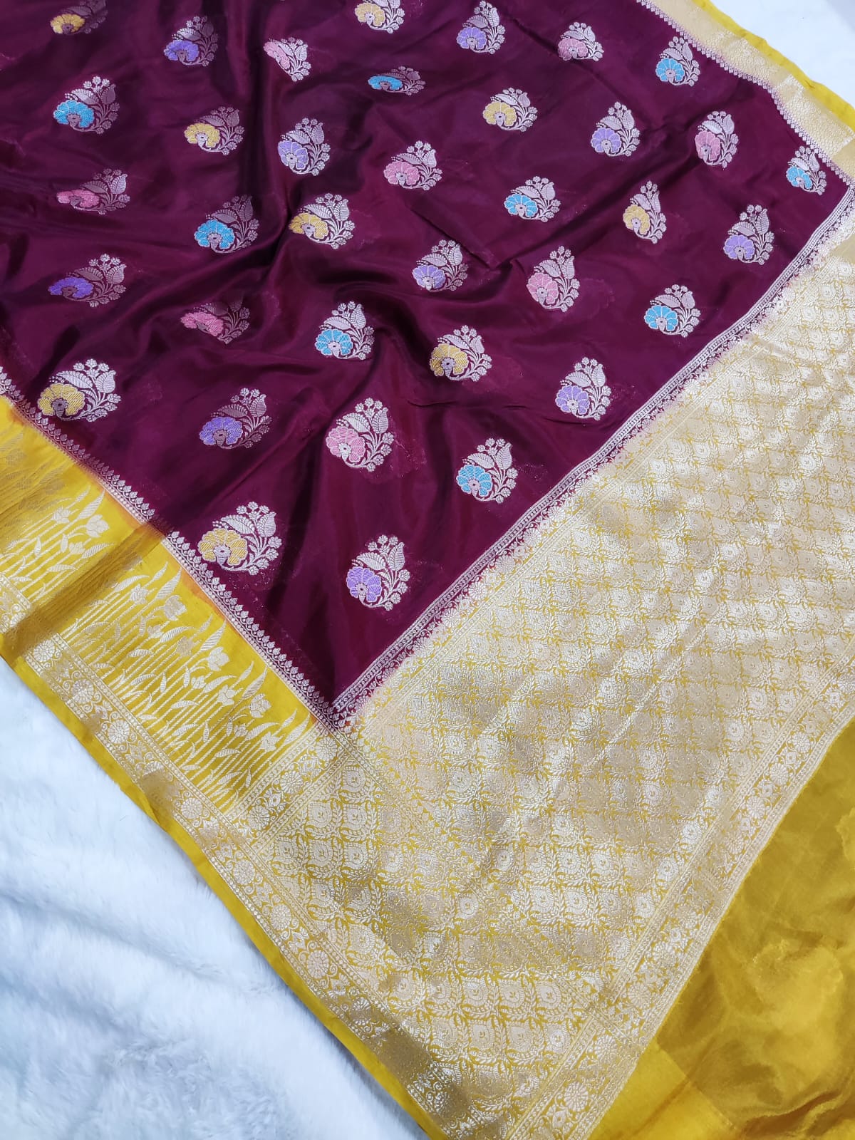 Contrast Light Weight Katan Silk Mina Buti Design Saree